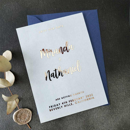 Wedding save the dates with foil printed on vellum - XOXOKristen