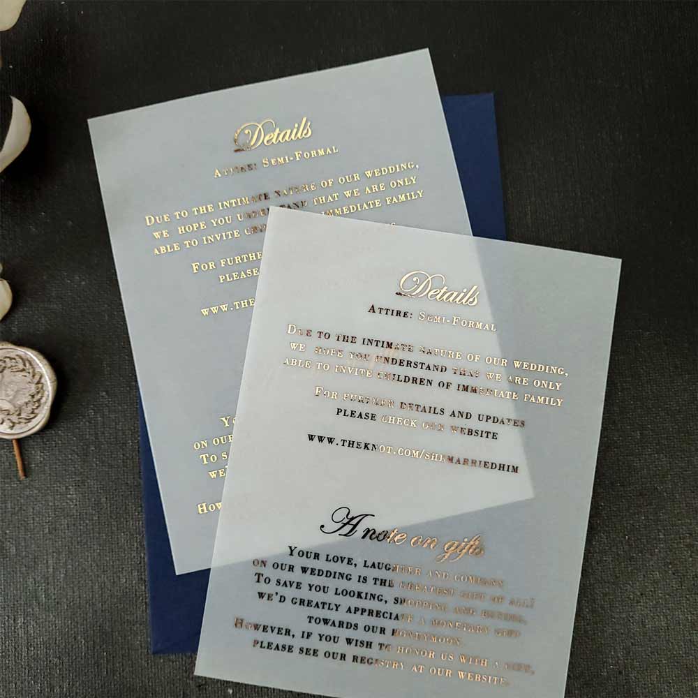 Wedding details enclosure card with gold foil on vellum - XOXOKristen 
