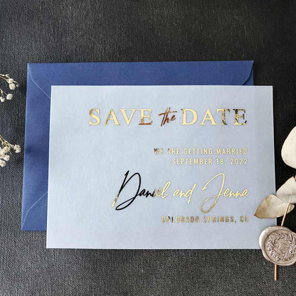 gold foiled vellum wedding save the date cards -  XOXOKristen