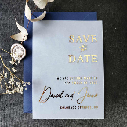 gold foiled vellum wedding save the date cards -  XOXOKristen