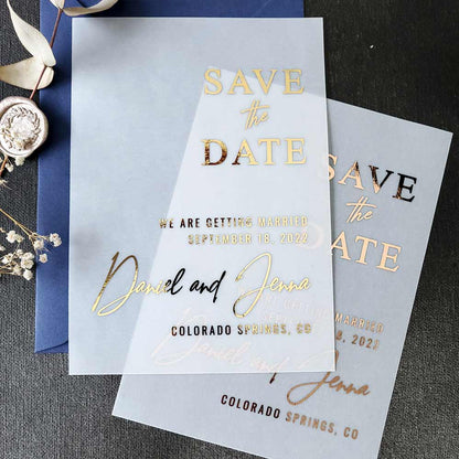 gold foiled vellum wedding save the date cards -  XOXOKristen