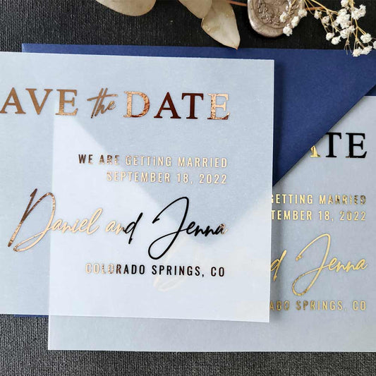 gold foiled vellum wedding save the date cards -  XOXOKristen