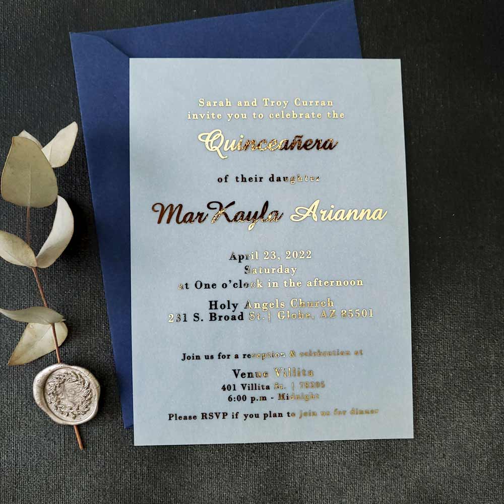 Elegant Quinceanera Invitations with Gold Foiled Writing