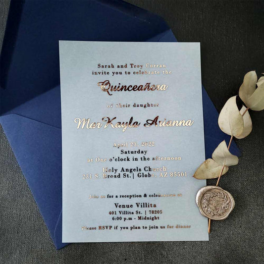 Elegant Quinceanera Invitations with Gold Foiled Writing