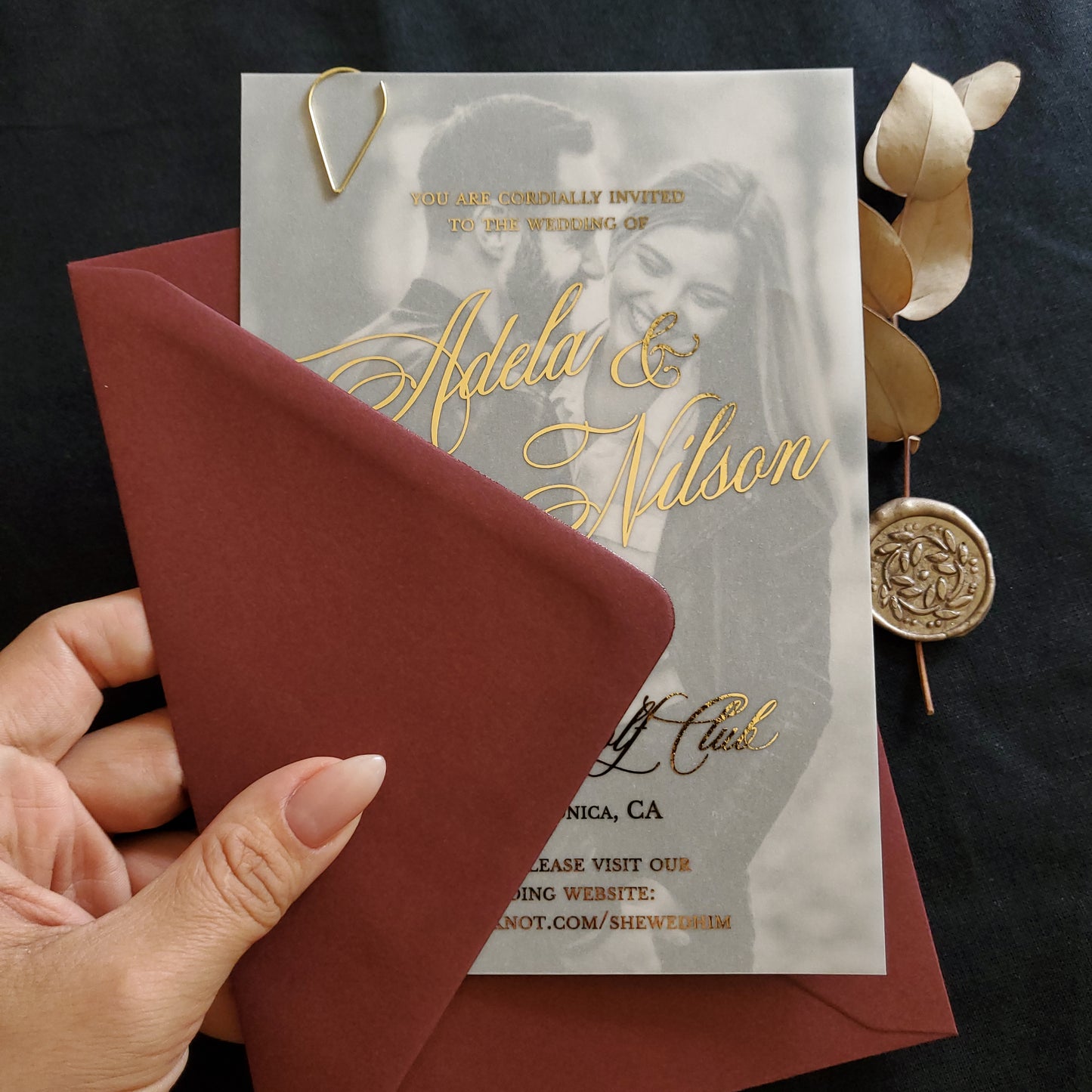 vellum wedding invitations with picture and gold foiled text  - XOXOKristen