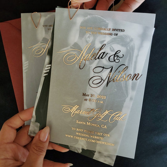 vellum wedding invitations with picture and gold foiled text  - XOXOKristen