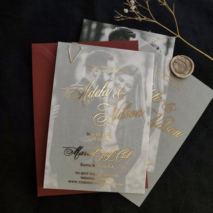 vellum wedding invitations with picture and gold foiled text  - XOXOKristen