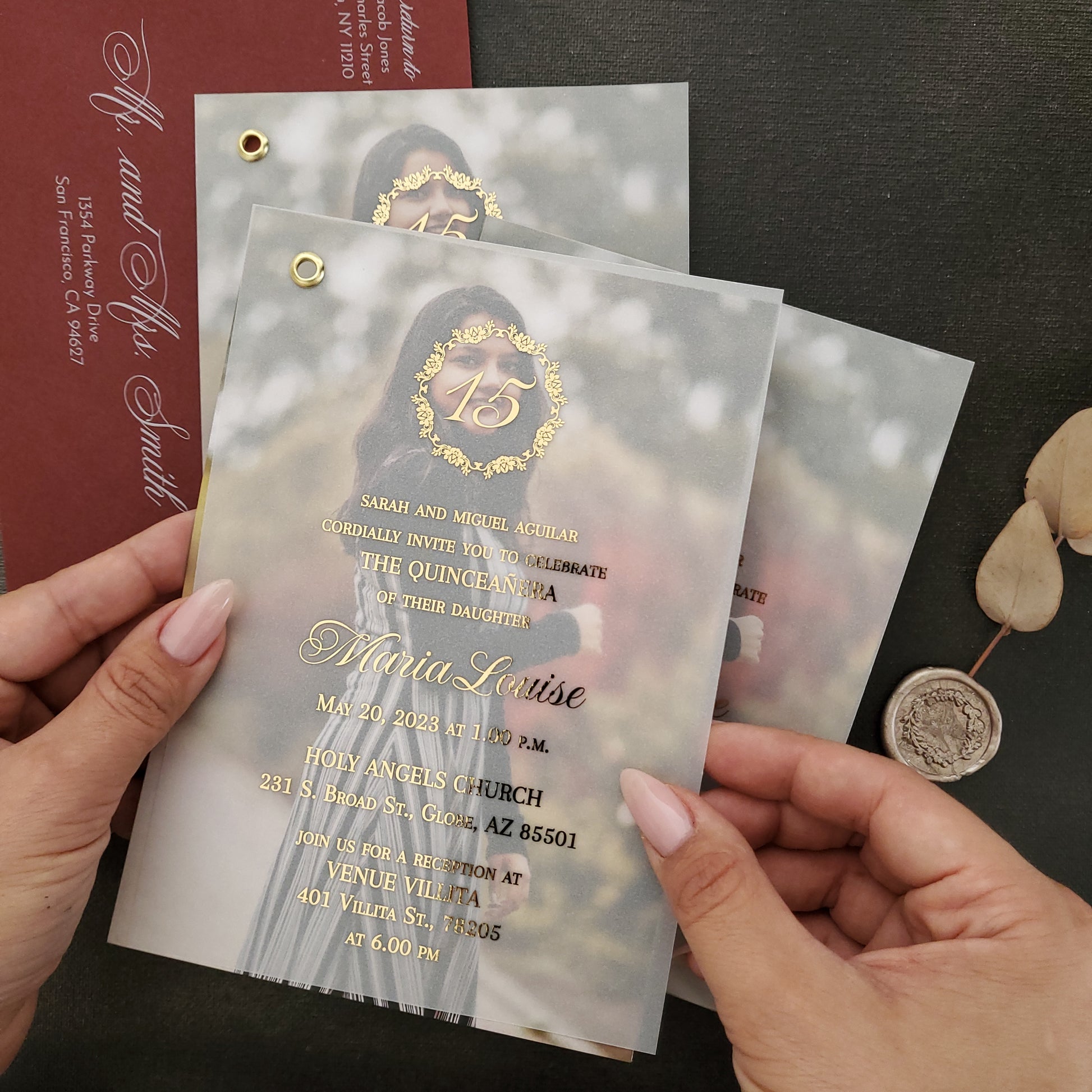 gold foiled quinceanera invitation with photo - XOXOKristen