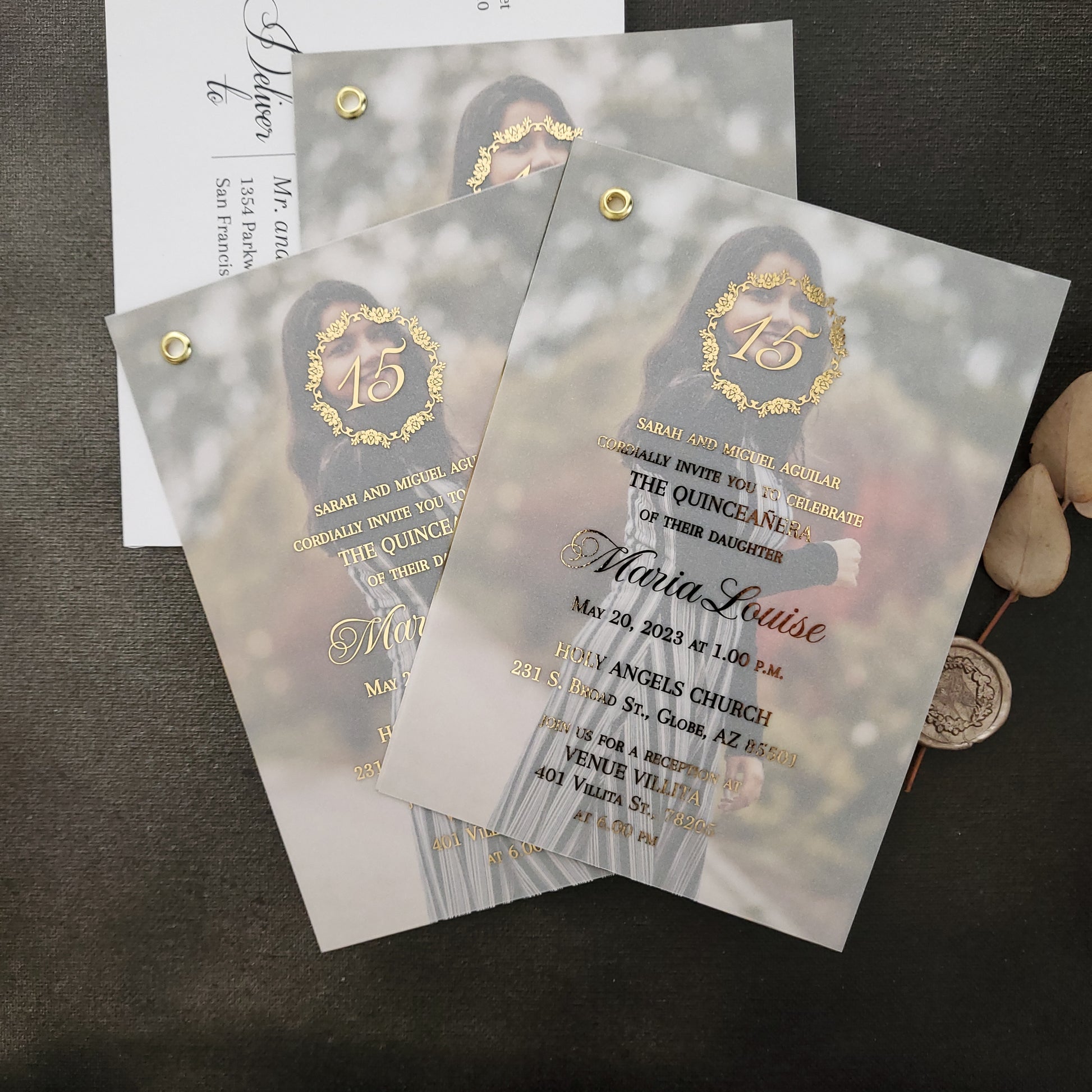 gold foiled quinceanera invitation with photo - XOXOKristen