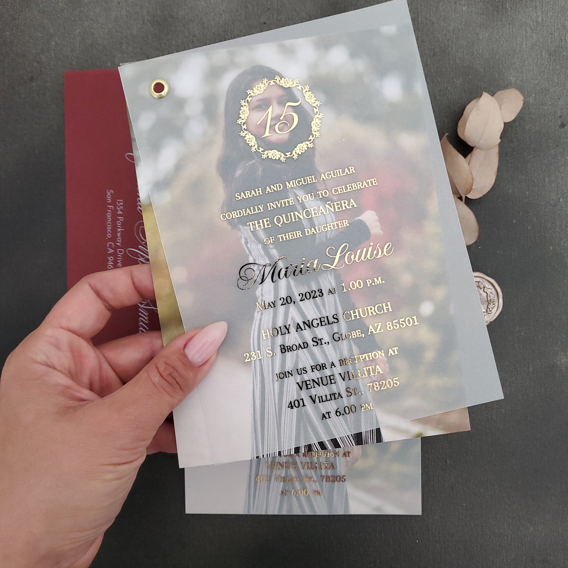 gold foiled quinceanera invitation with photo - XOXOKristen