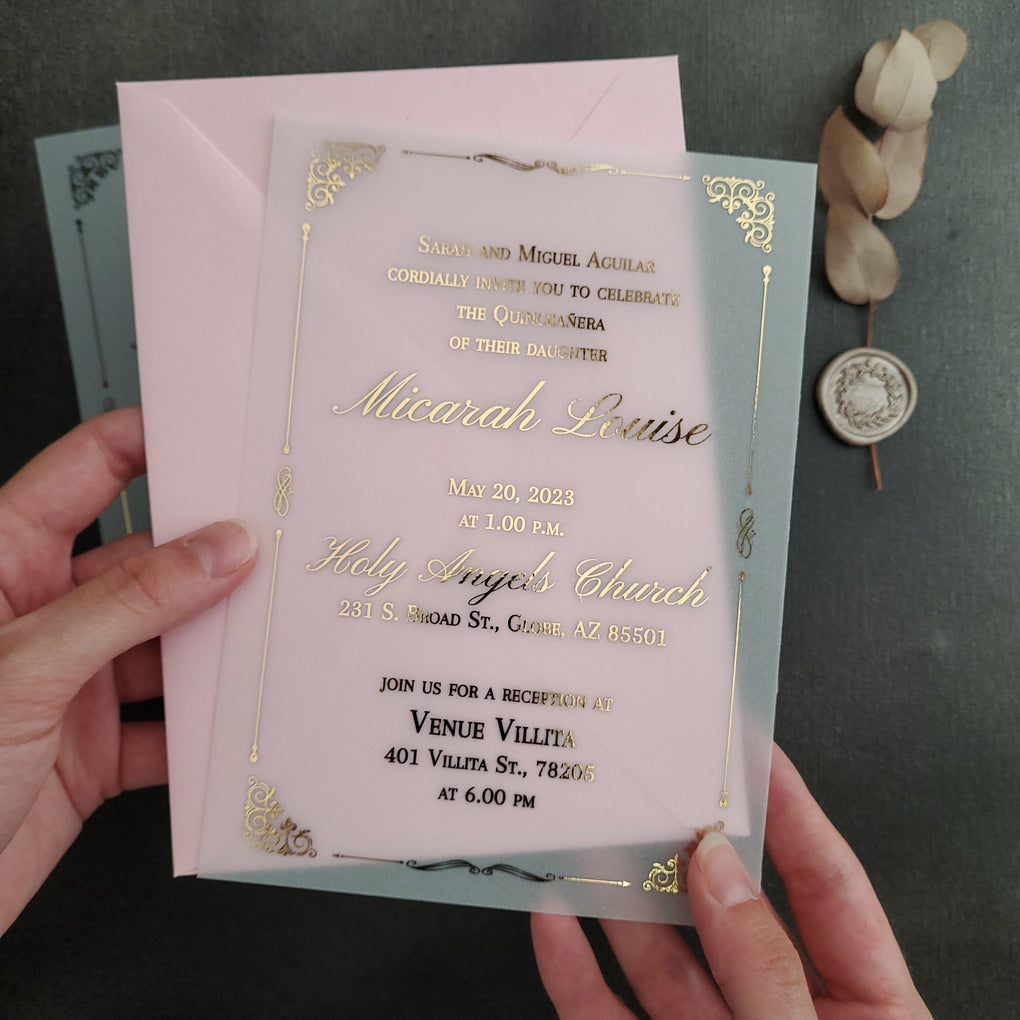 Elegant Quinceanera Invitations with Gold Foiled Writing
