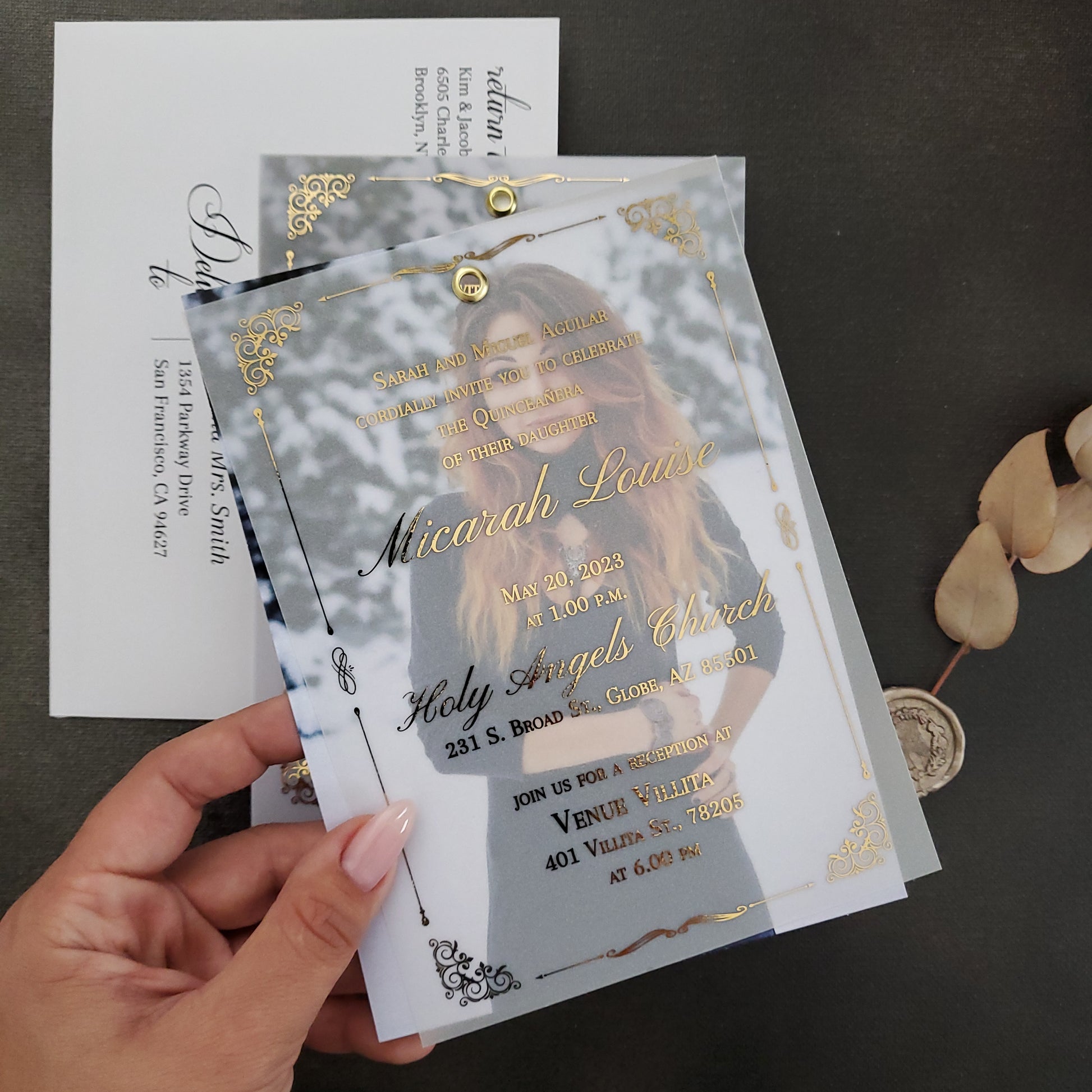 custom quinceanera invitation with photo and gold foiled text - XOXOKristen