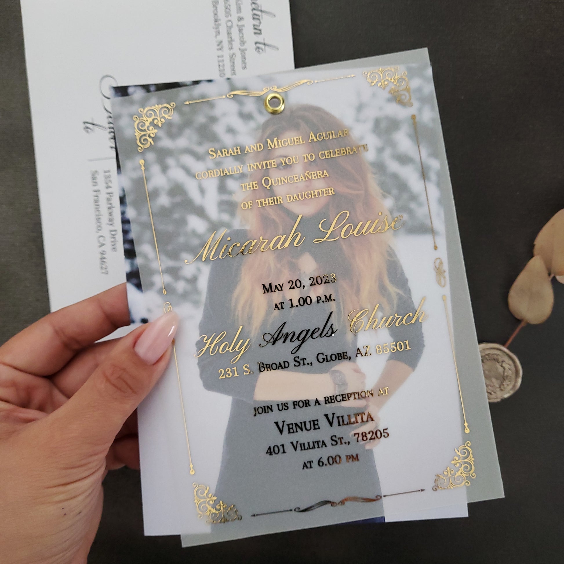 custom quinceanera invitation with photo and gold foiled text - XOXOKristen