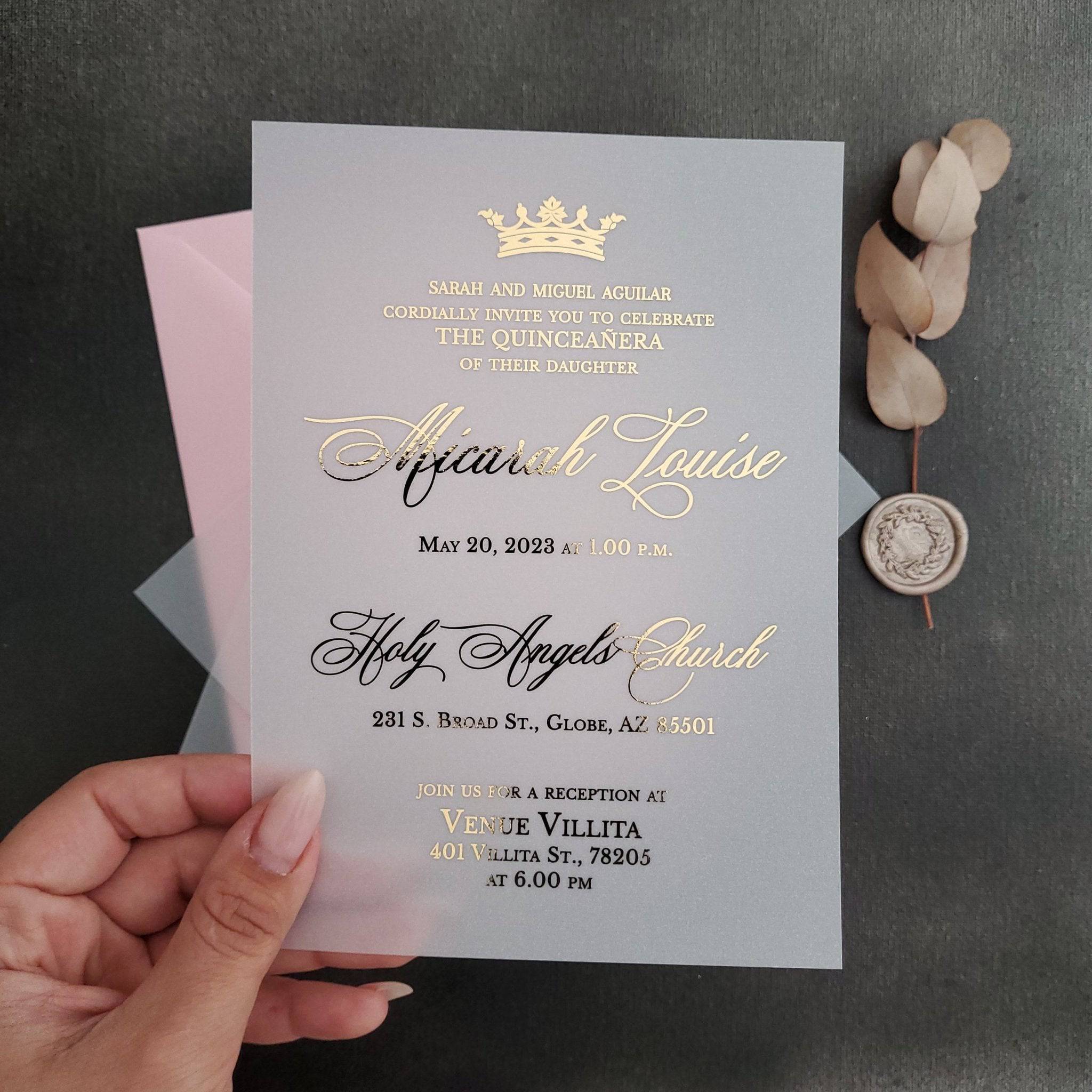 Vellum Quinceanera Invitations with Gold Crown - XOXOKristen