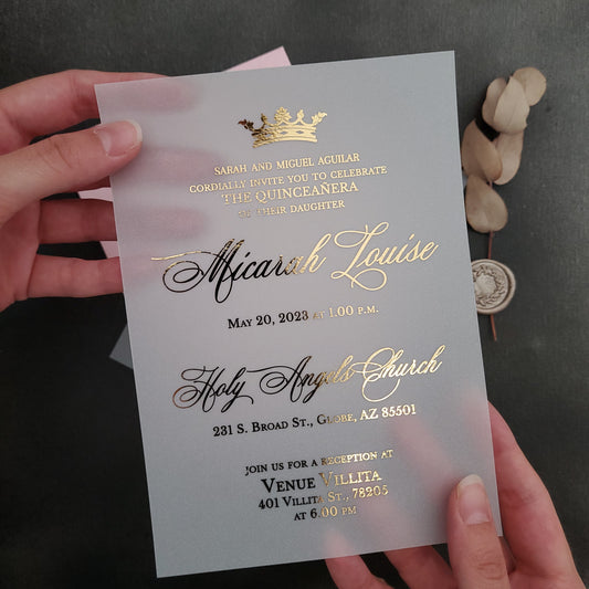 gold foiled vellum quinceanera invites with crown -  XOXOKristen