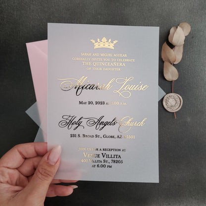 gold foiled vellum quinceanera invites with crown -  XOXOKristen