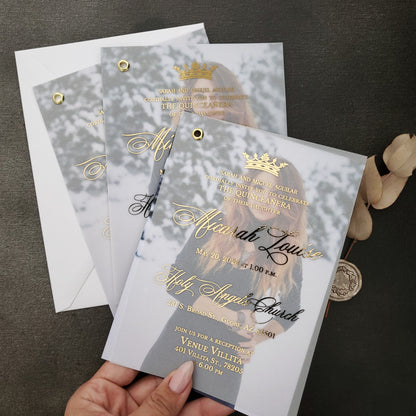 gold foiled vellum quinceanera invitations with crown and photo -  XOXOKristen