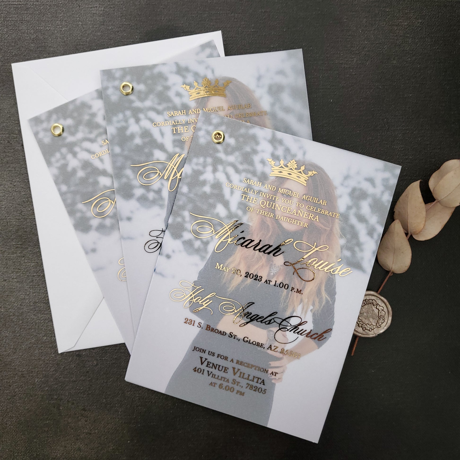 gold foiled vellum quinceanera invitations with crown and photo -  XOXOKristen