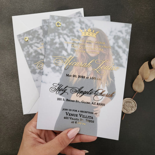 gold foiled vellum quinceanera invitations with crown and photo -  XOXOKristen