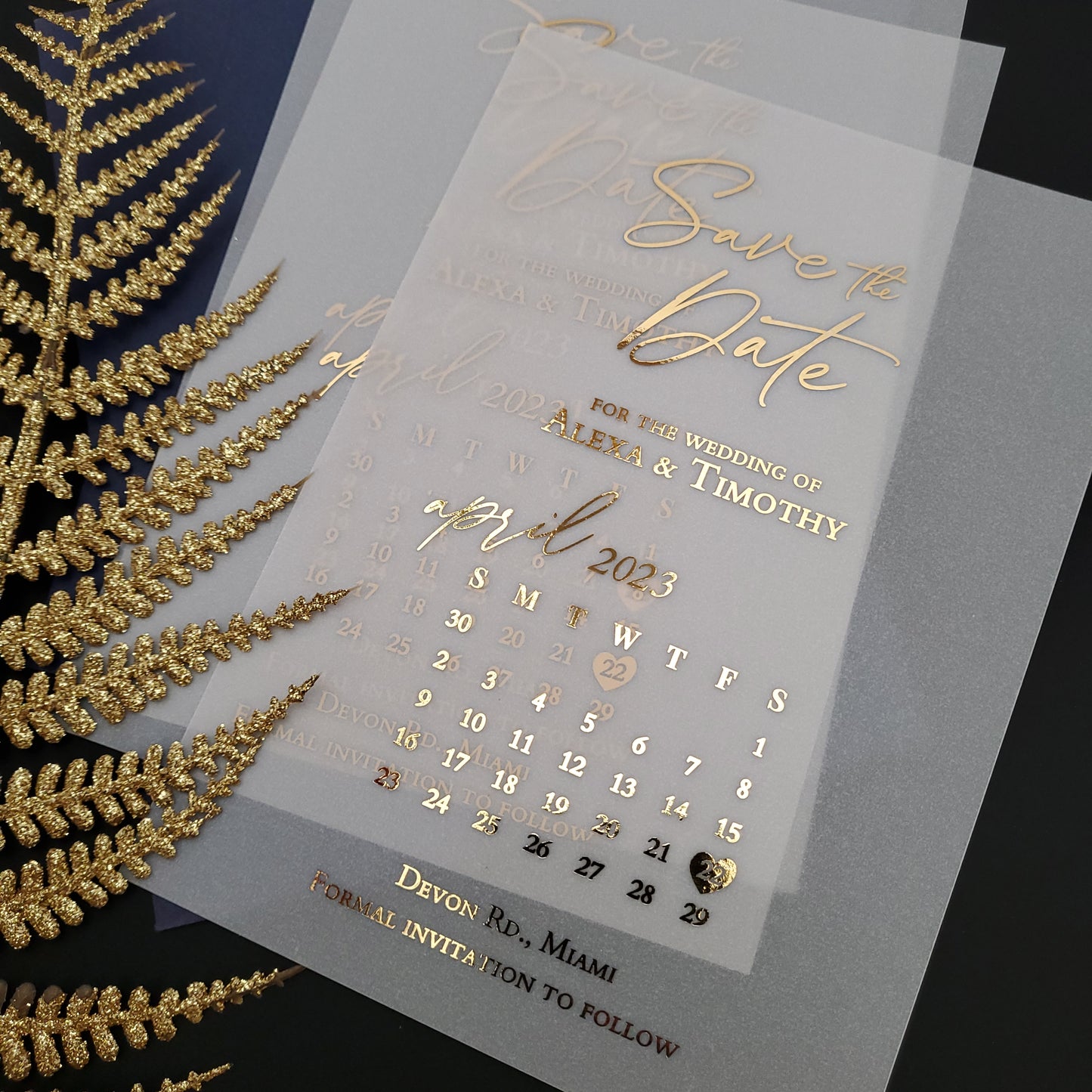 gold foiled vellum calendar save the date invites - XOXOKristen