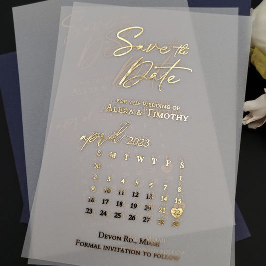 gold foiled vellum calendar save the date invites - XOXOKristen