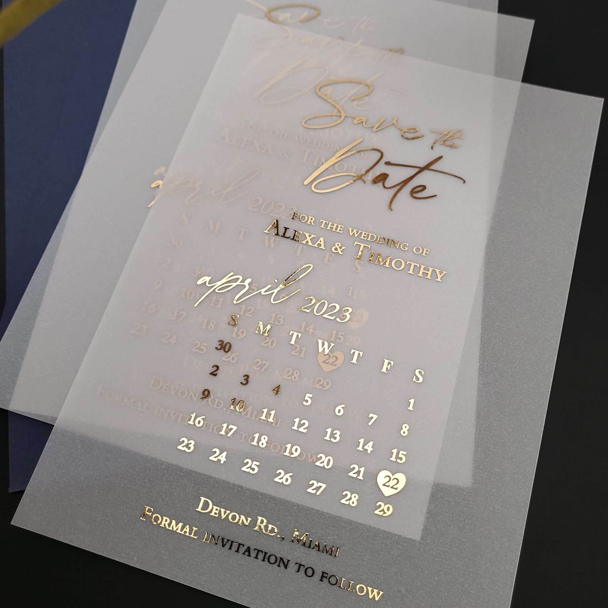 gold foiled vellum calendar save the date invites - XOXOKristen
