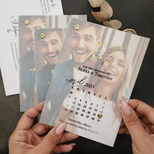 gold foiled vellum save the date with calendar design - XOXOKristen
