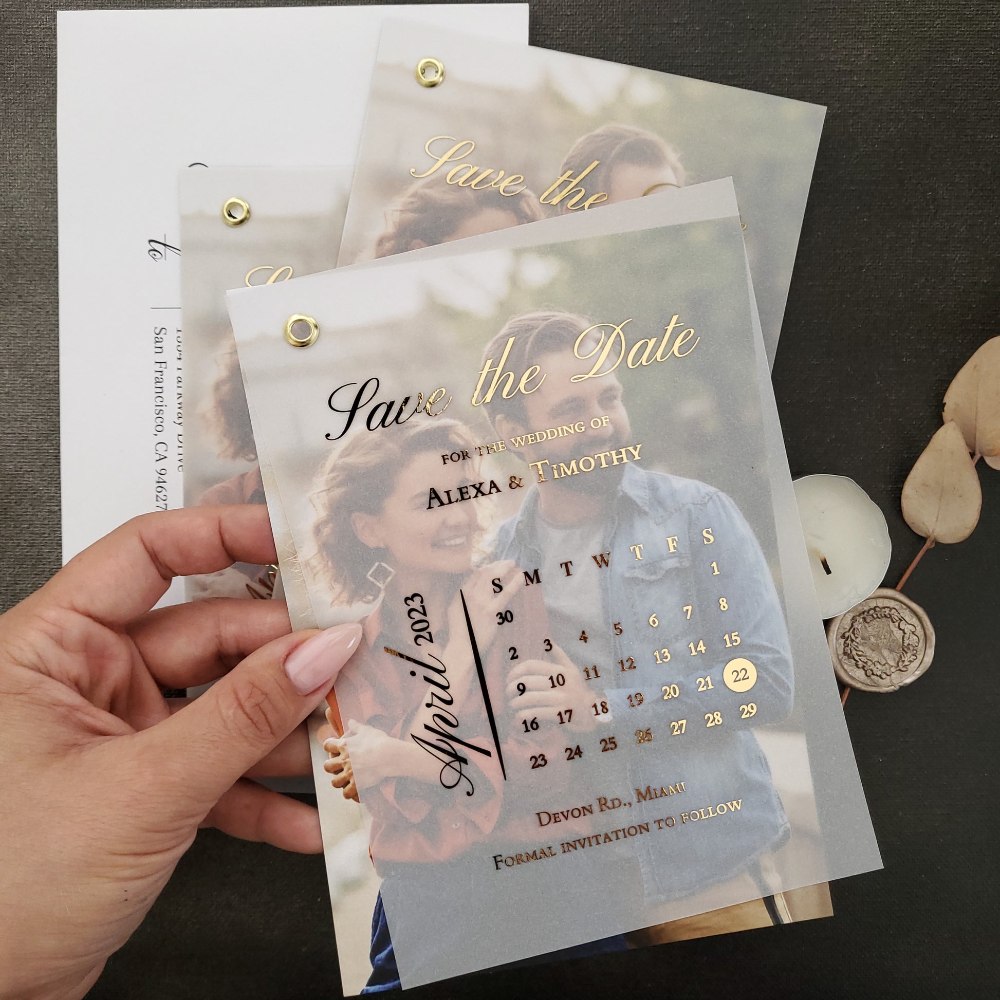 gold foiled vellum save the date invites with calendar and custom photo - XOXOKristen