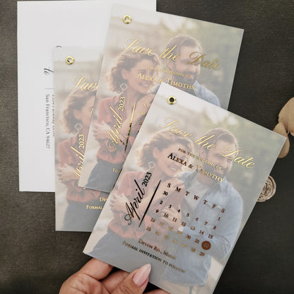gold foiled vellum save the date invites with calendar and custom photo - XOXOKristen