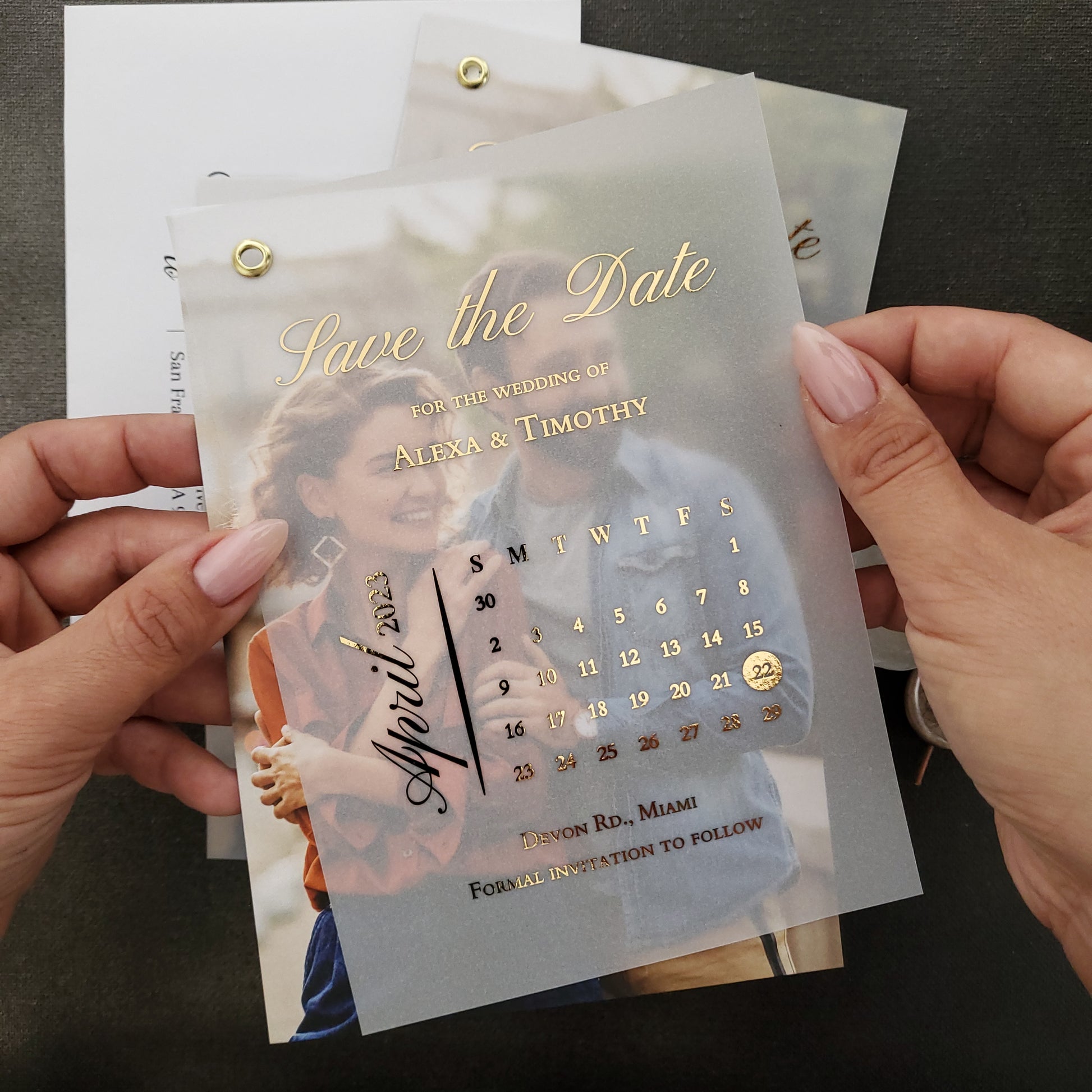 gold foiled vellum save the date invites with calendar and custom photo - XOXOKristen