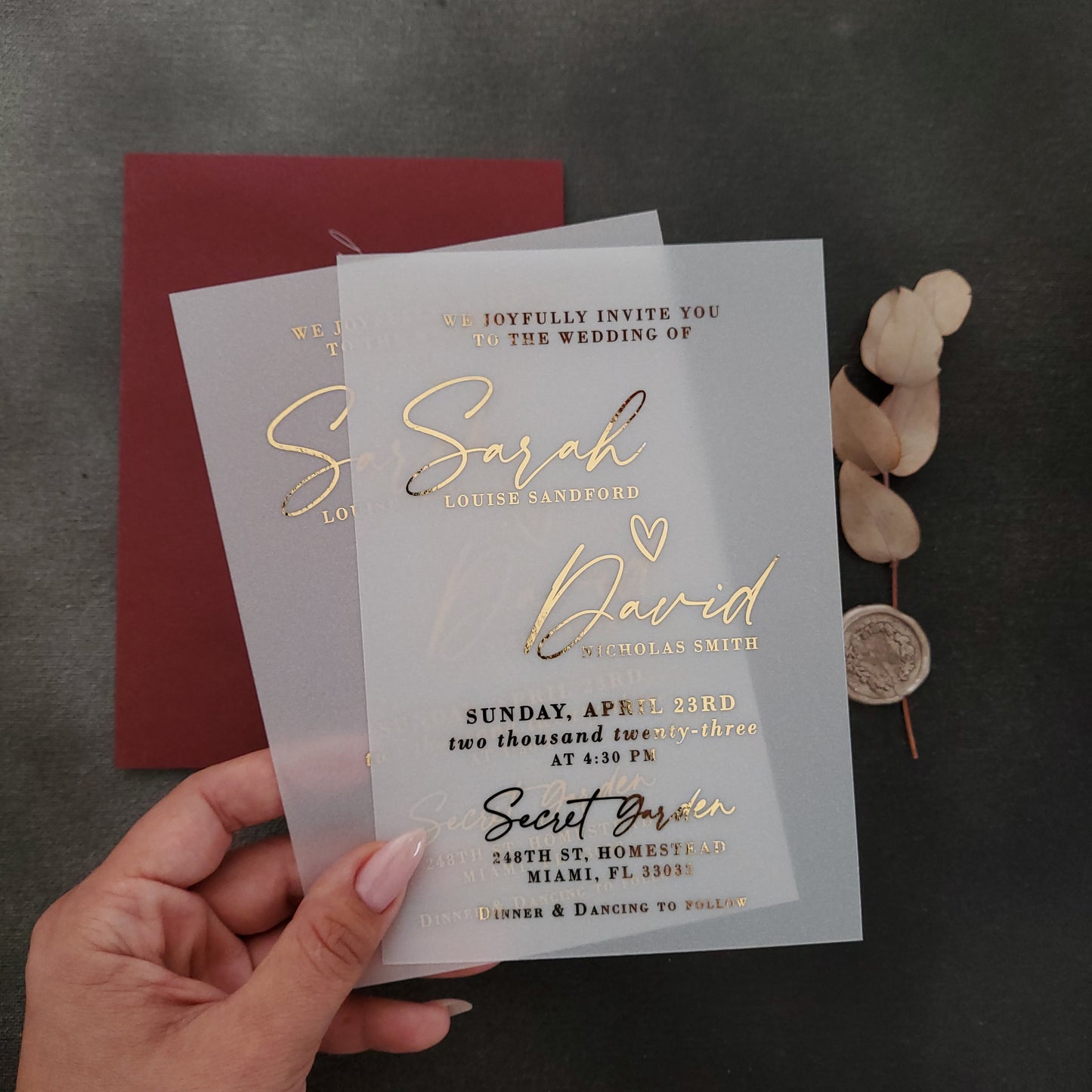 gold foiled wedding invitations on vellum -  XOXOKristen