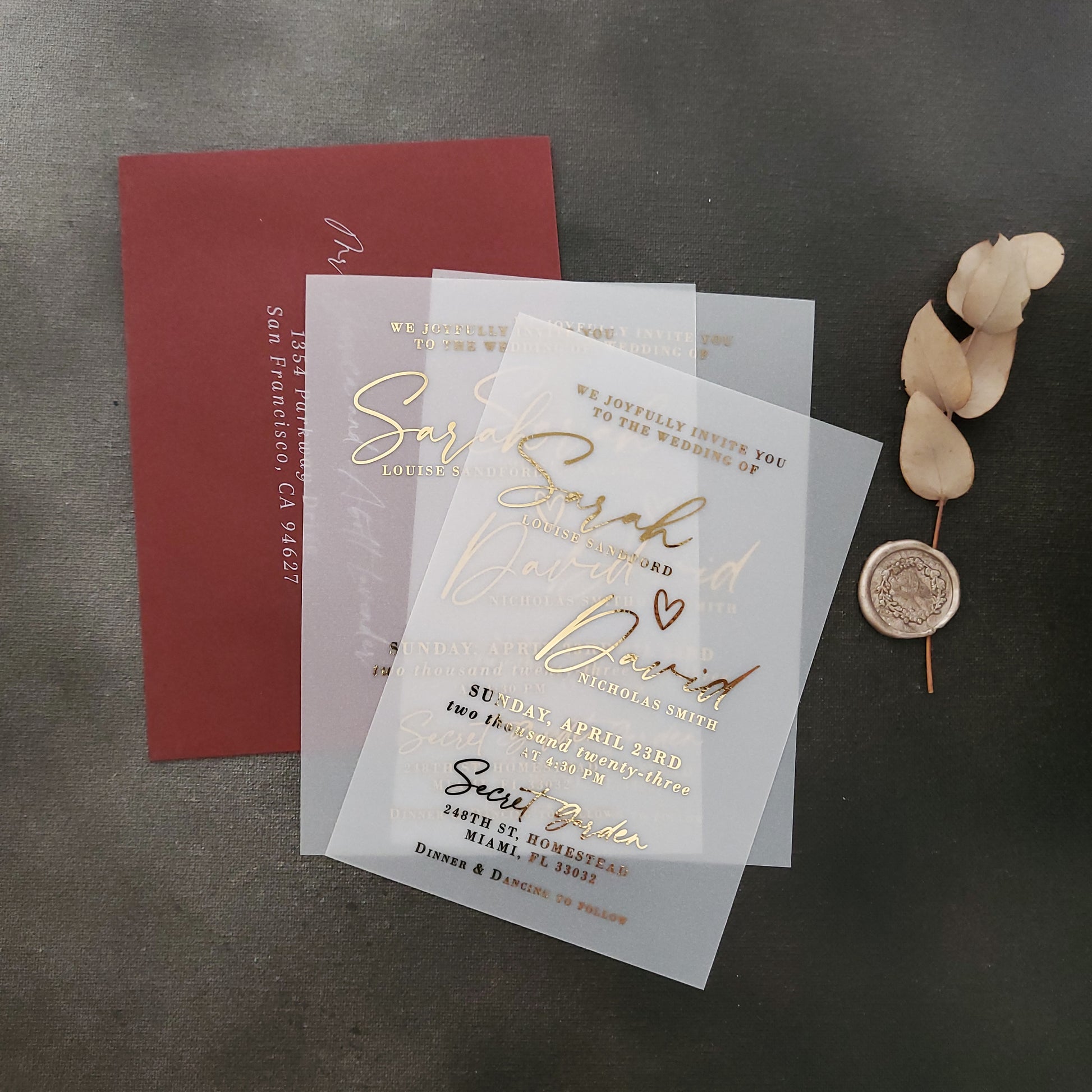 gold foiled wedding invitations on vellum -  XOXOKristen