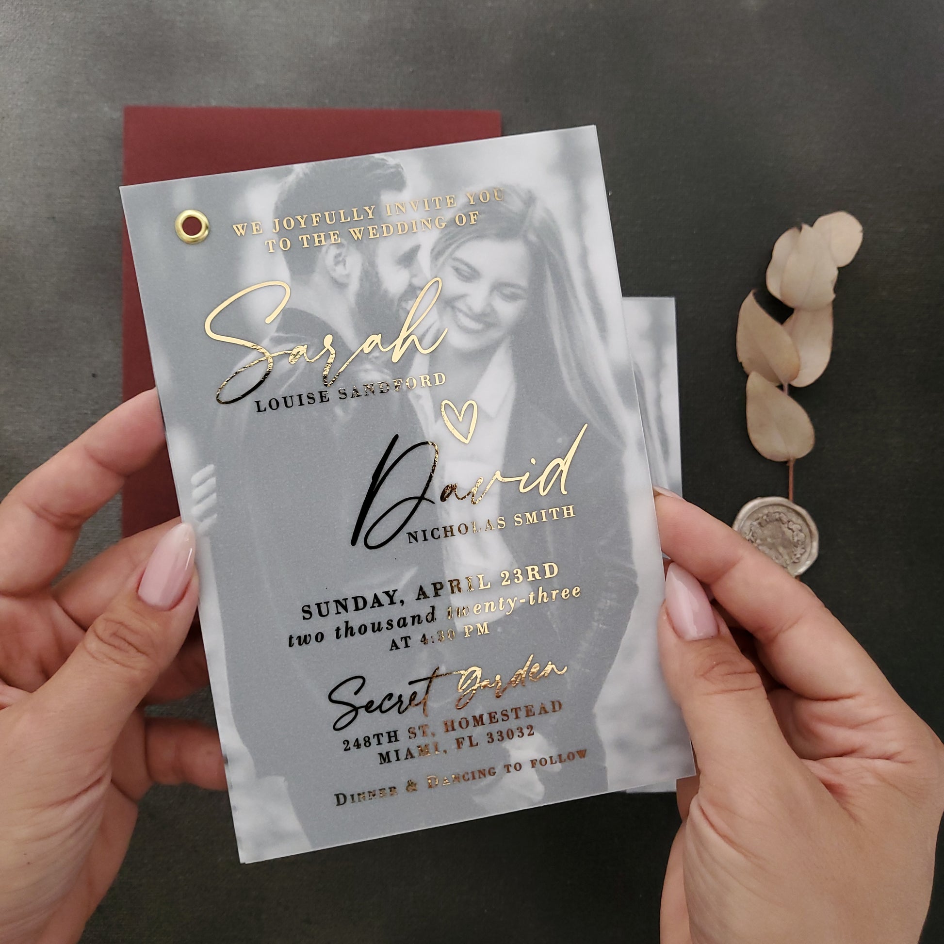 gold foiled vellum wedding invitations with custom picture - XOXOKristren