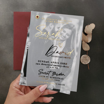 gold foiled vellum wedding invitations with custom picture - XOXOKristren