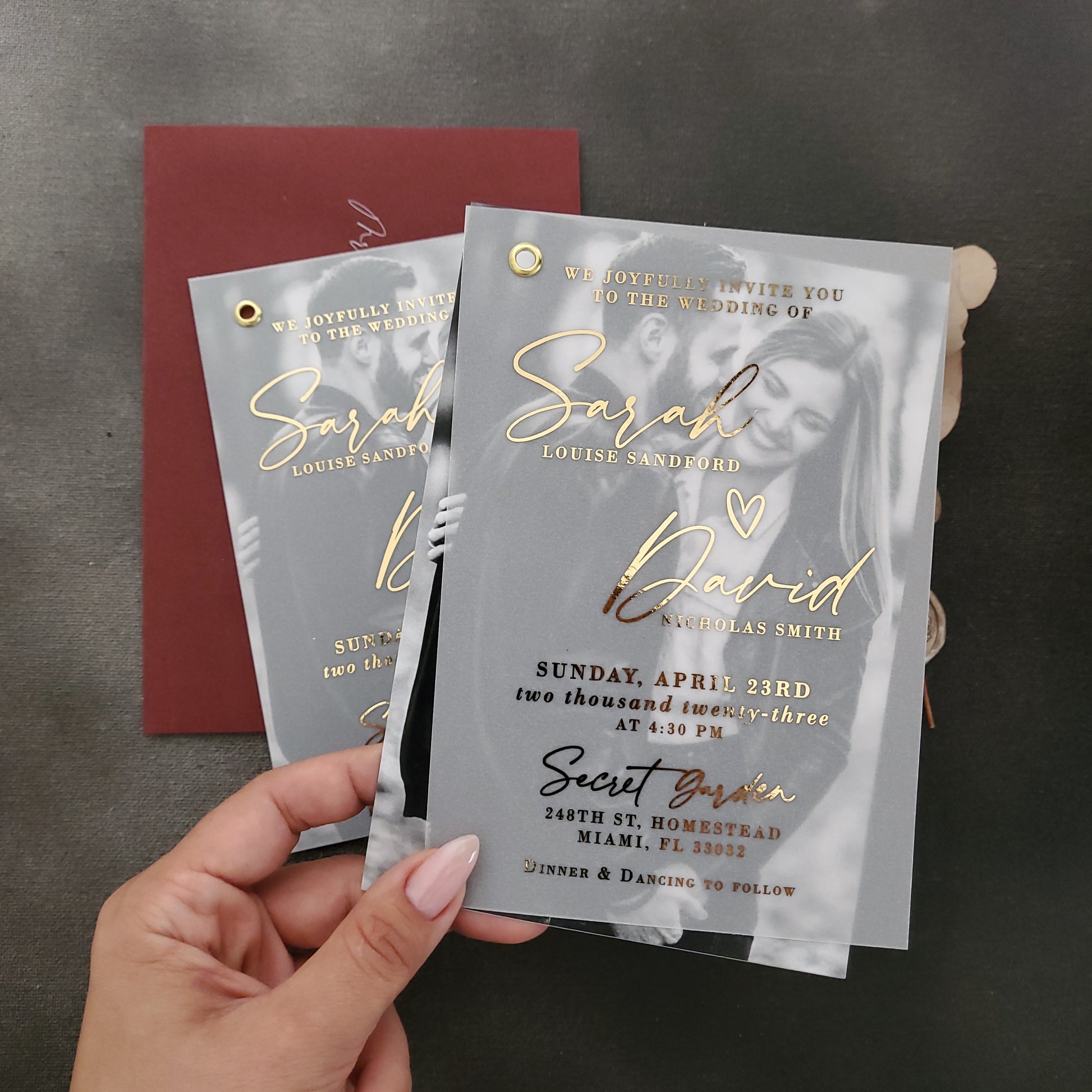 gold foiled vellum wedding invitations with custom picture - XOXOKristren