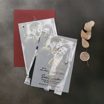 gold foiled vellum wedding invitations with custom picture - XOXOKristren