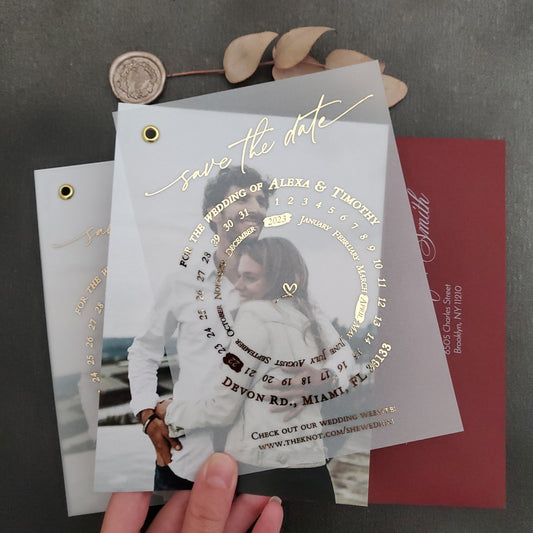 gold foiled vellum save the date card with photo and calendar design - XOXOKristen