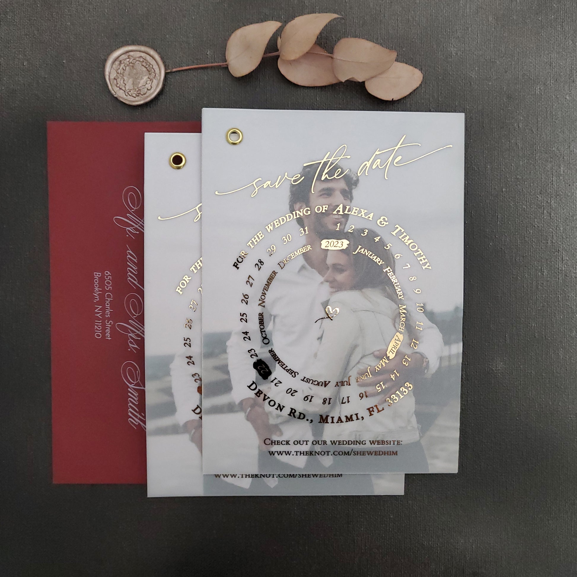 gold foiled vellum save the date card with photo and calendar design - XOXOKristen