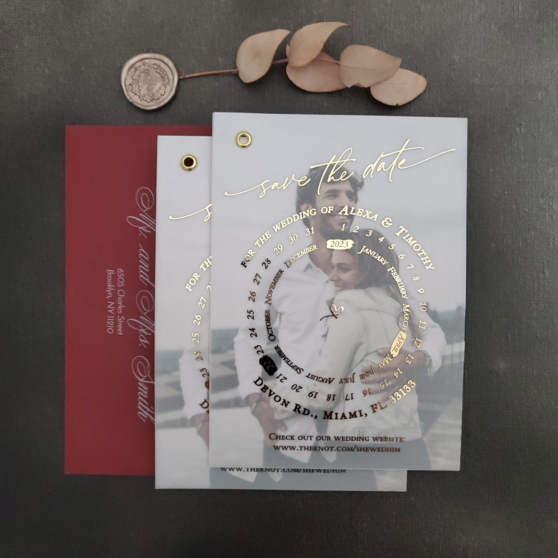 gold foiled vellum save the date card with photo and calendar design - XOXOKristen