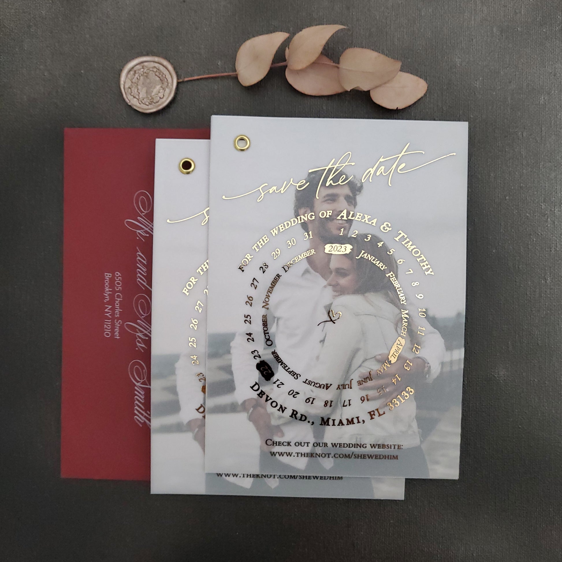 gold foiled vellum save the date card with photo and calendar design - XOXOKristen