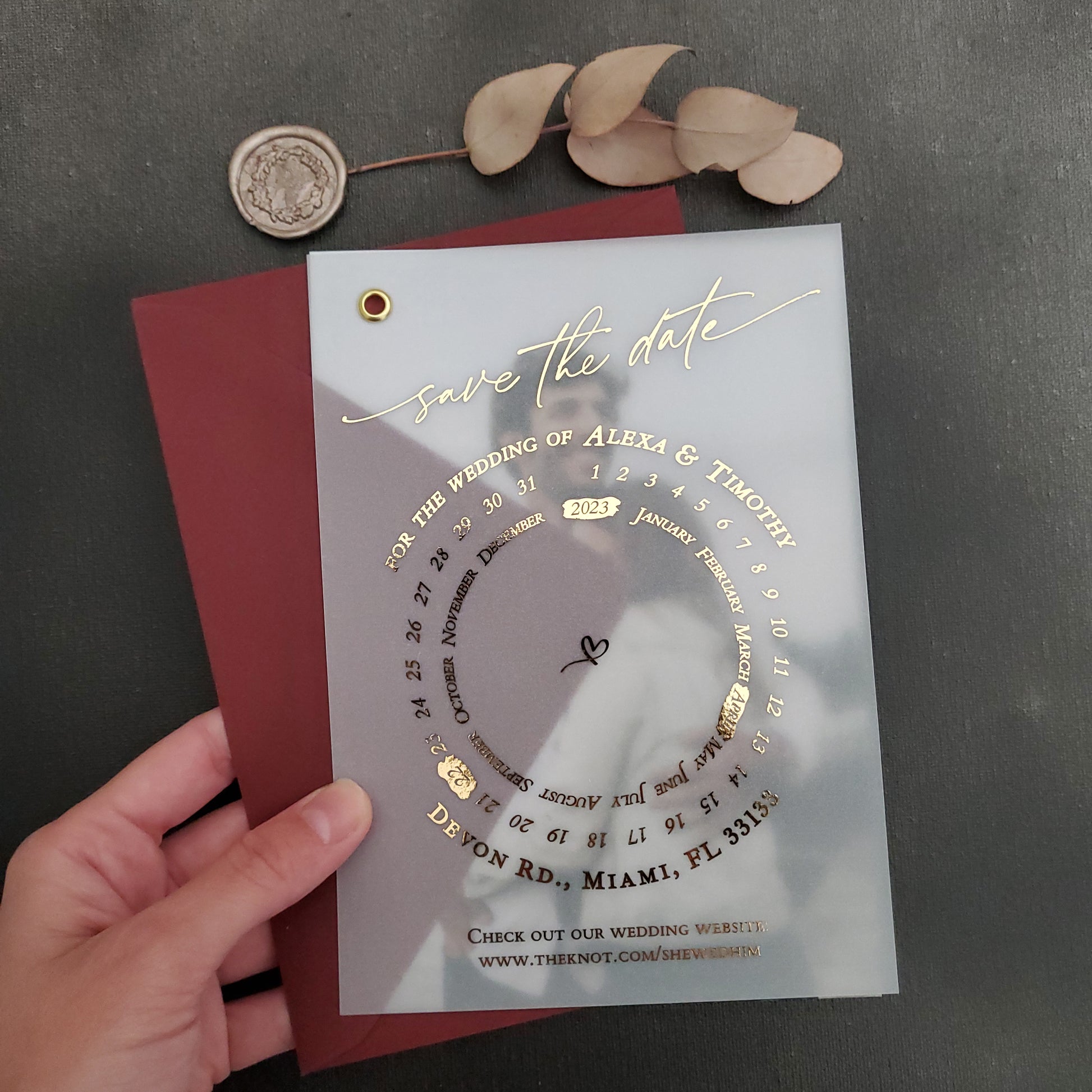 gold foiled vellum save the date card with photo and calendar design - XOXOKristen