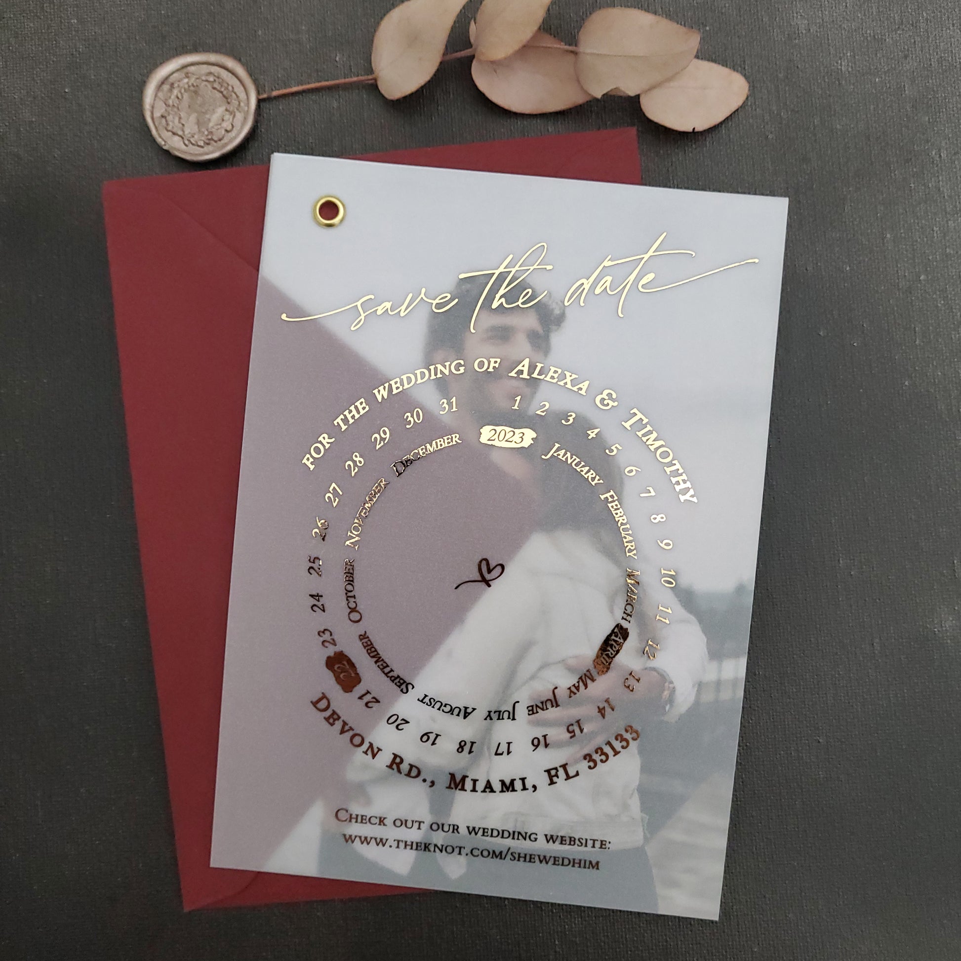 gold foiled vellum save the date card with photo and calendar design - XOXOKristen