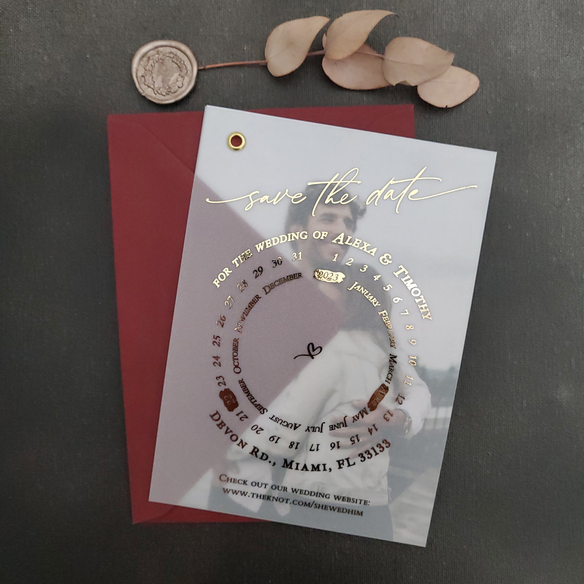 gold foiled vellum save the date card with photo and calendar design - XOXOKristen