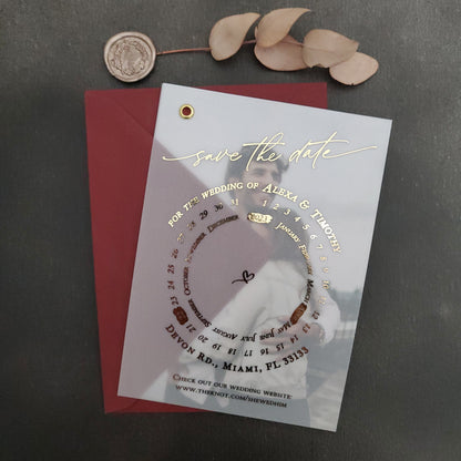 gold foiled vellum save the date card with photo and calendar design - XOXOKristen