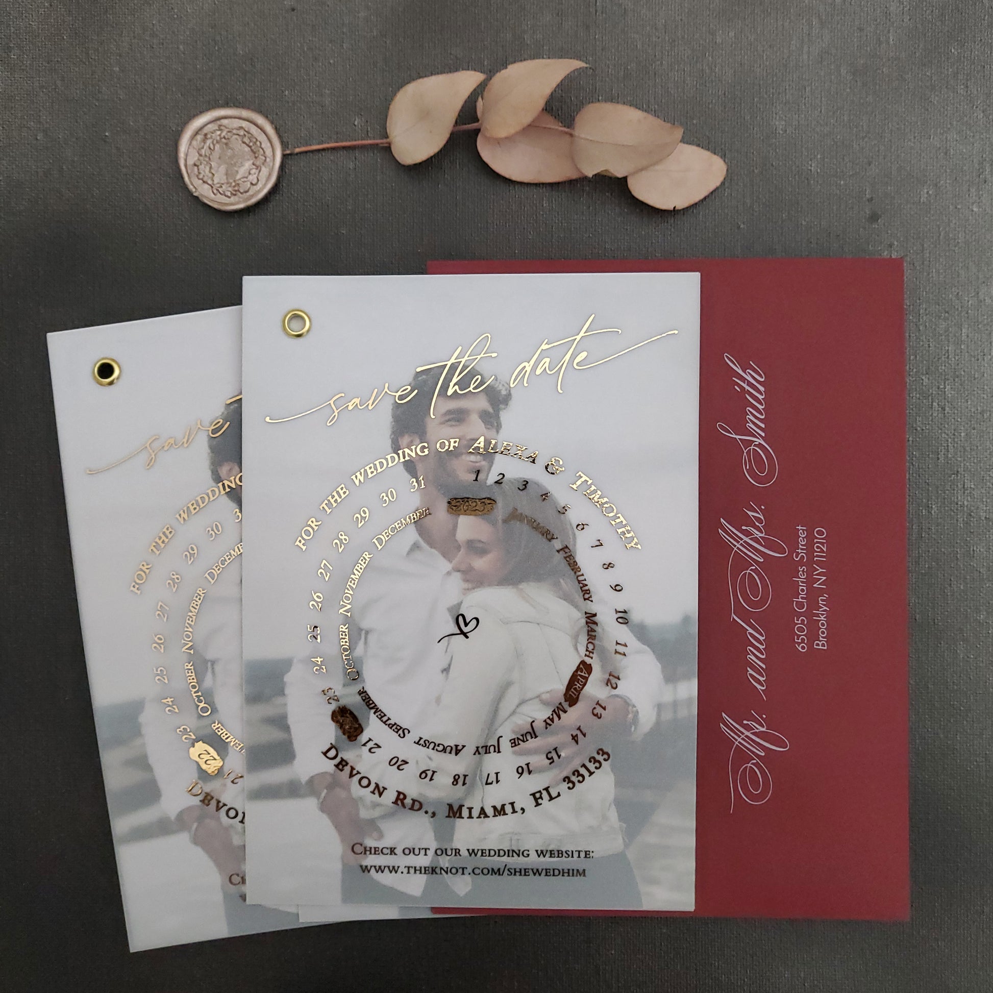 gold foiled vellum save the date card with photo and calendar design - XOXOKristen
