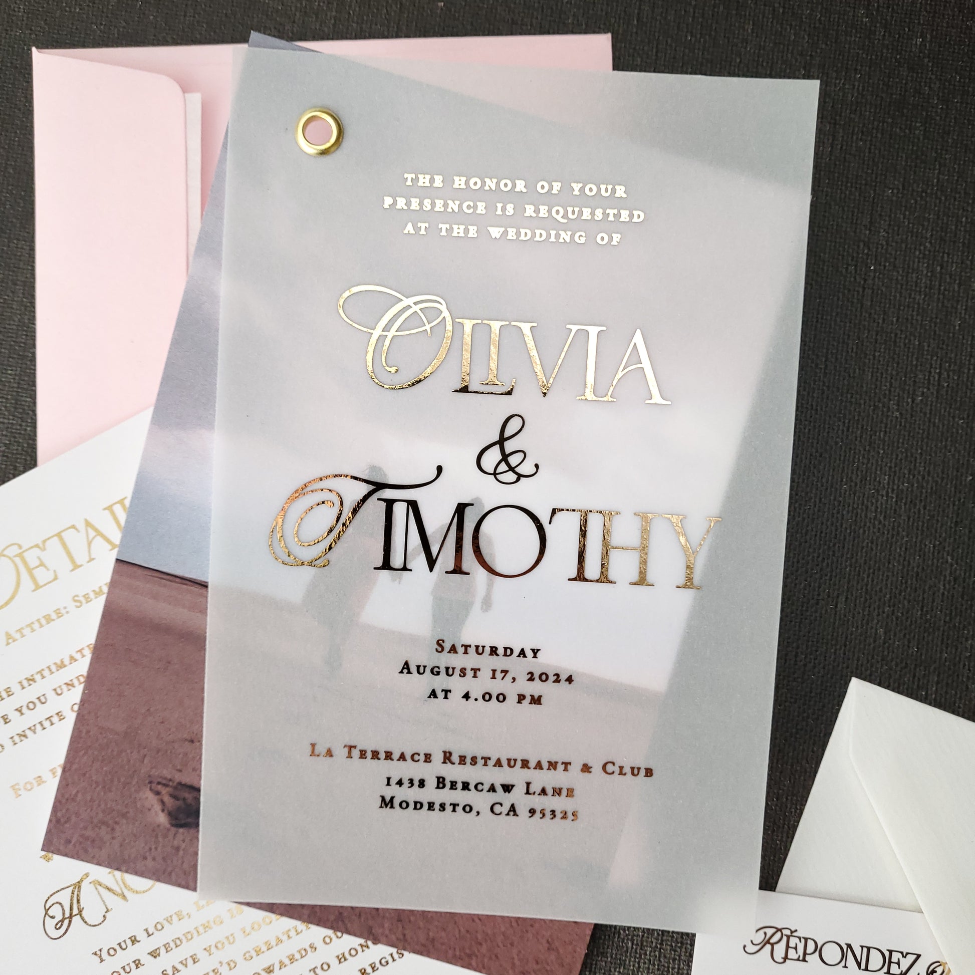 wedding invitation vellum suite with elegant calligraphy font in gold foil -  XOXOKristen
