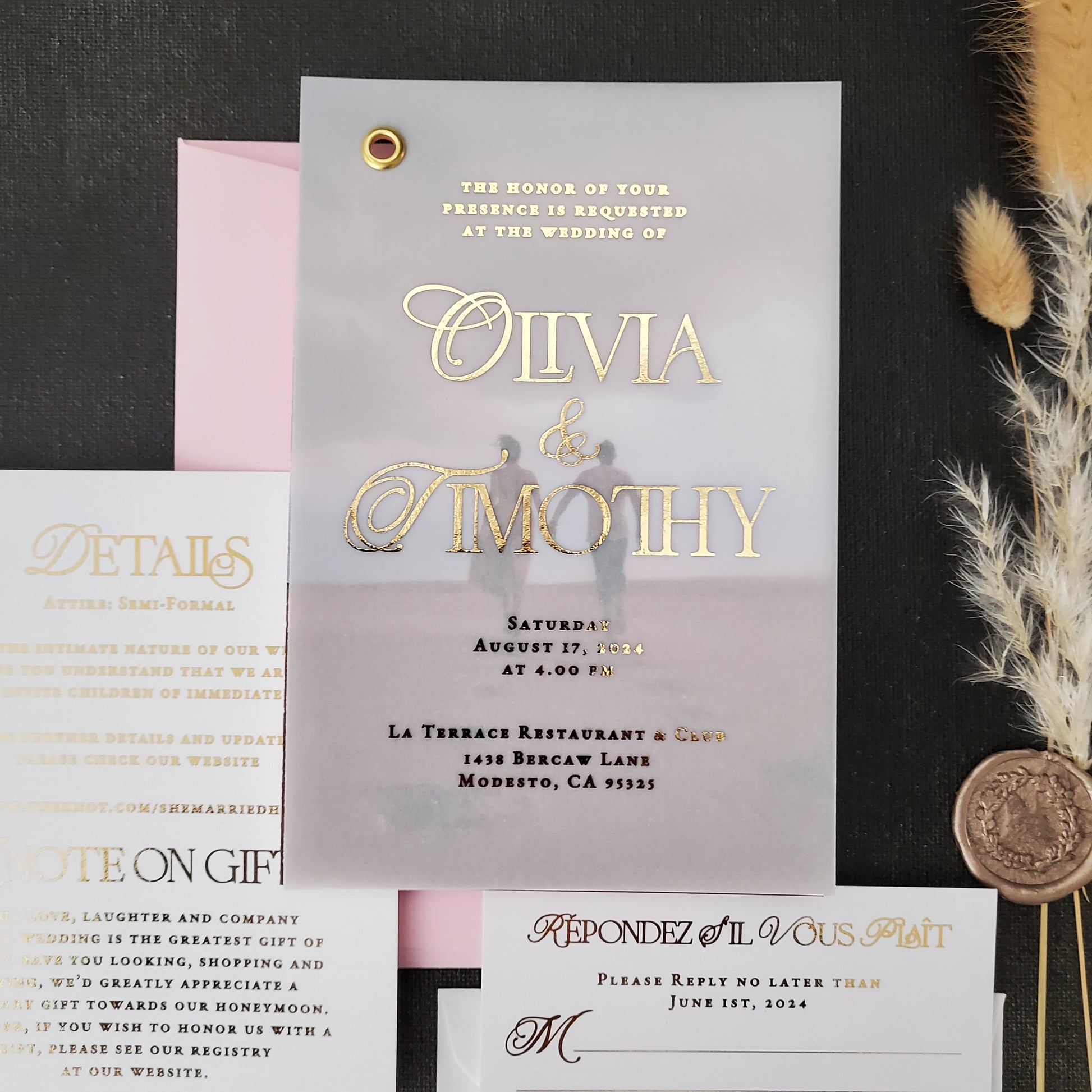 wedding invitation vellum suite with elegant calligraphy font in gold foil -  XOXOKristen