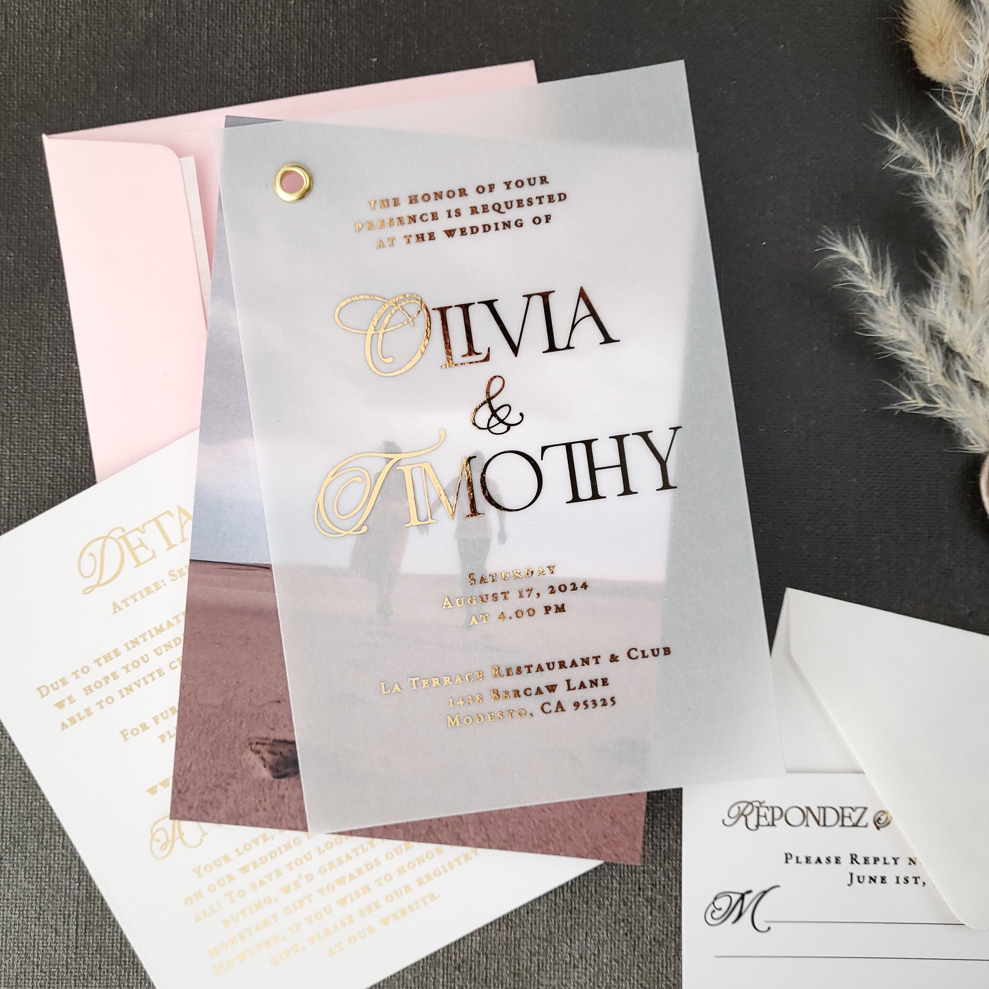 wedding invitation vellum suite with elegant calligraphy font in gold foil -  XOXOKristen