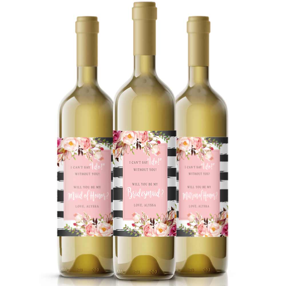 Personalized Will you be my Bridesmaid Pink Flowers and Grey Stripes Wine and Champagne Label - XOXOKristen