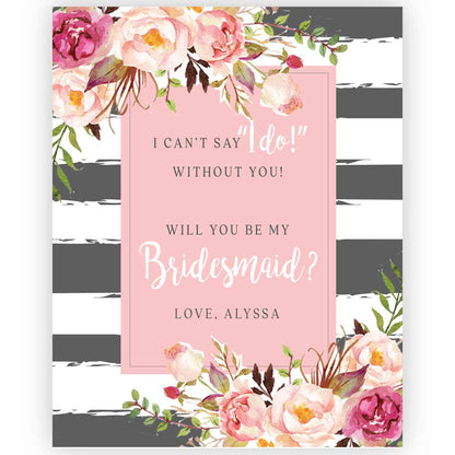 Personalized Will you be my Bridesmaid Pink Flowers and Grey Stripes Wine and Champagne Label - XOXOKristen